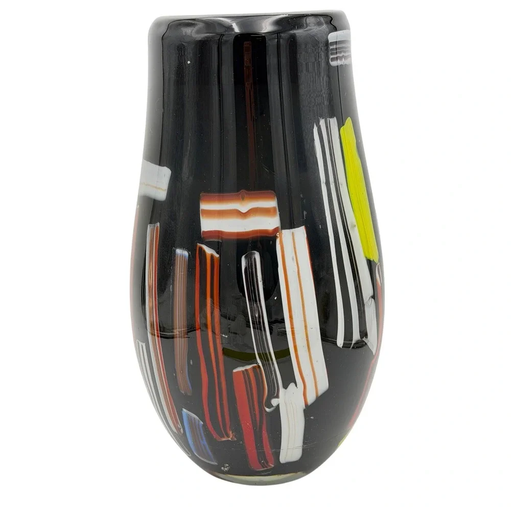 Vtg Art Glass Vase Colorful Black Stripe Abstract Postmodern Heavy LG Y2K 11.5in